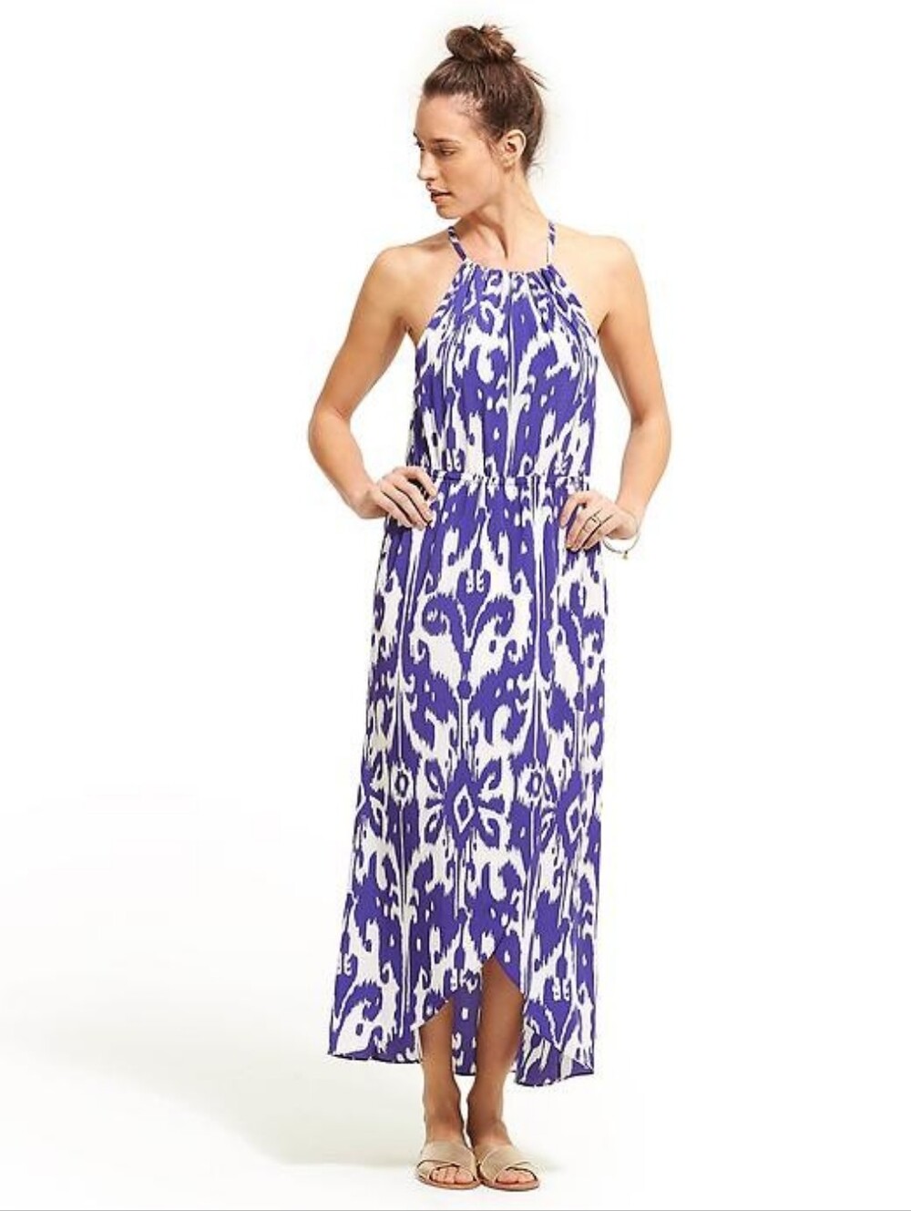 {Athleta} Ikat Purple and White Halter Maxi Dress - Size SMALL
